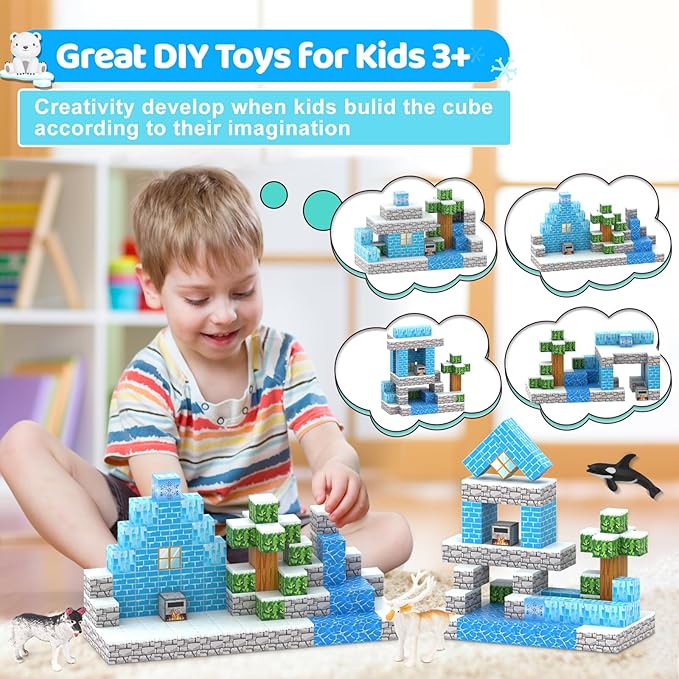 Magnetic Blocks 110PCS with 6 Animal Toys, Snow World Building Blocks Set, Toys for Boys & Girls Age 4-6,5-7,6-8, Stacking Building Toys for Toddlers & Kids 3+