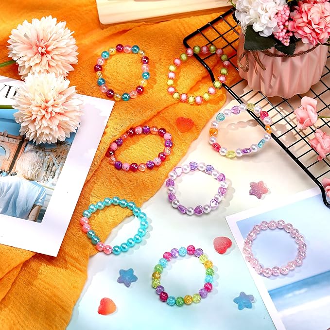 Hicarer 20 Pieces Girl Beaded Bracelets Cute Rainbow Bead Bracelets Colorful Bracelets Princess Bracelets Stretchy Bead Bracelets for Prince Birthday Present (Vivid Style)
