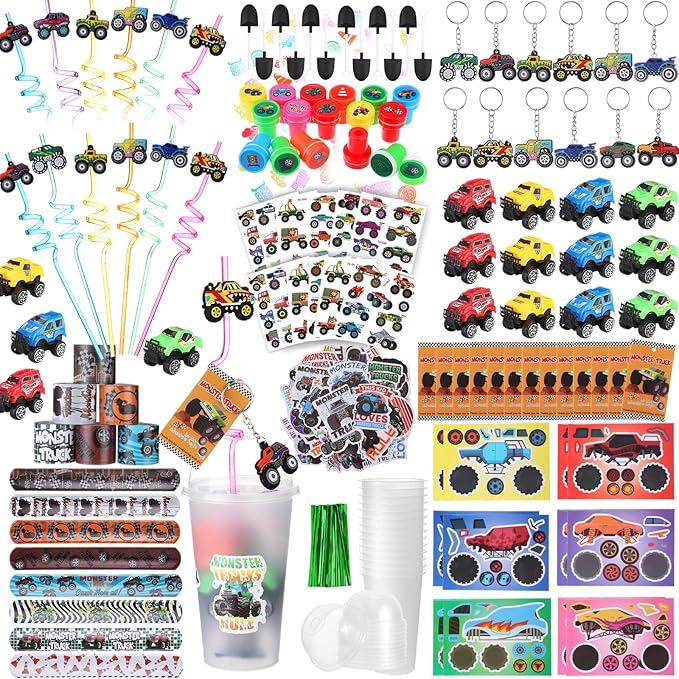 HyDren 211 Pcs Truck Party Favors Included Gift Cup Straw Keychain Slap Bracelet Mini Truck Sticker Stamper Card Tattoo Sticker Shovel Sticker Tag Cable Tie For Birthday Gift Prize
