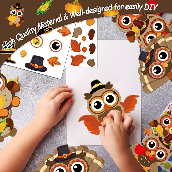 chiazllta 30Pcs Thanksgiving Craft Kits DIY Owl Craft for Kindergarten Kids, Thanksgiving Fall Art Craft Make Your Own Card Sticker Set for Home Class Game Activities Preschoolers