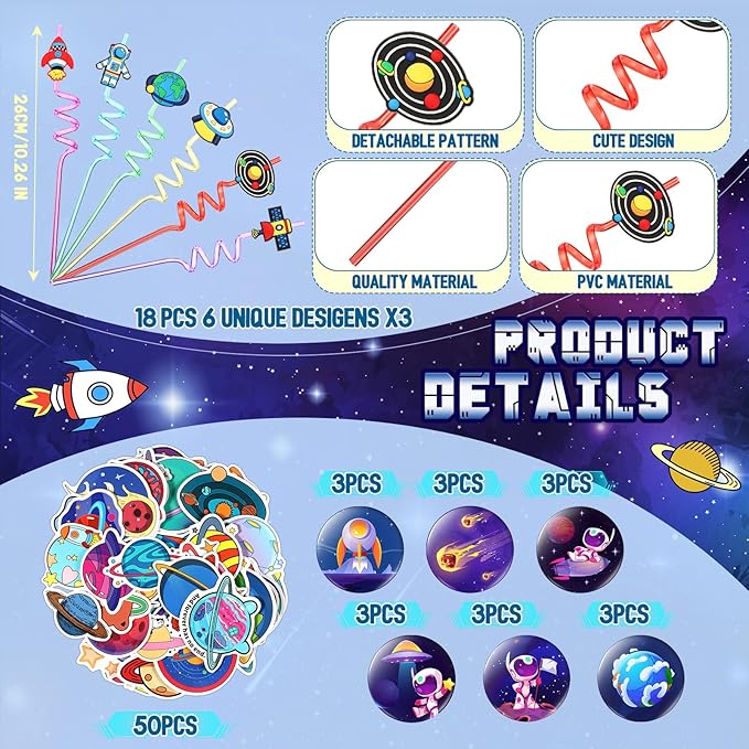 Sadnyy 140 Pcs Space Party Favors Outer Space Party Gift Bulk Galaxy Drawstring Backpack with Silicone Bracelet Straws Keychains Pin Badges Stickers for Christmas Space Party Theme Birthday Supplies