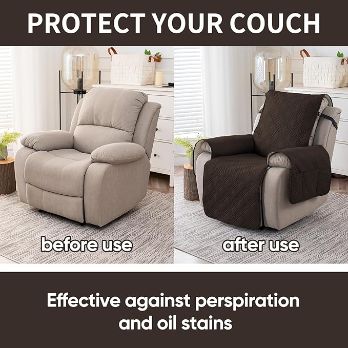 Easehomey 100% Waterproof Recliner Chair Covers, Non Slip Dog Chair Cover Furniture Protector Washable Chair Cover with Pocket, Elastic Straps for Kids,Pets,Dogs (Chocolate, 23.6")