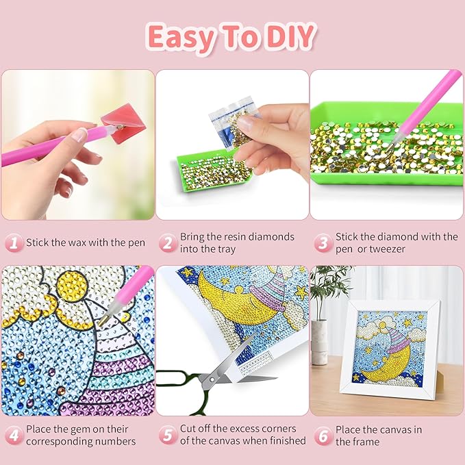 Turniton 5D Diamond Painting Kits for Kids, Diamond Arts Painting Kits with Wooden Frame, Moon Kids' Mosaic Kits for Beginners, Girls, Adults, Diamond Painting Pictures, Arts Craft for Home Decor