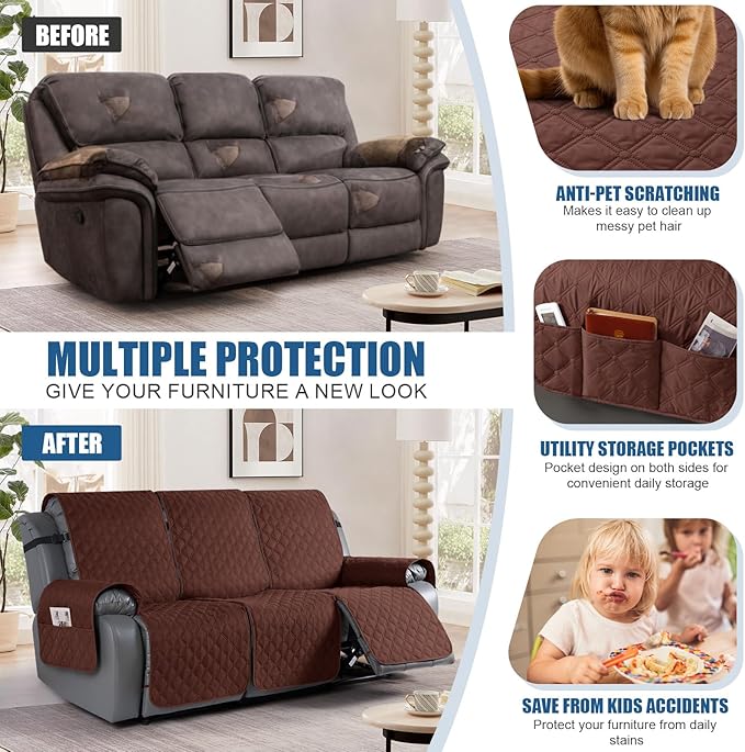 TAOCOCO 100% Waterproof Recliner Covers, Recliner Sofa Covers with Leg Straps, Reversible Recliner Couch Cover for Reclining Chair, Washable Couch Protector for Pets Kids(3 Seater, Coffee)