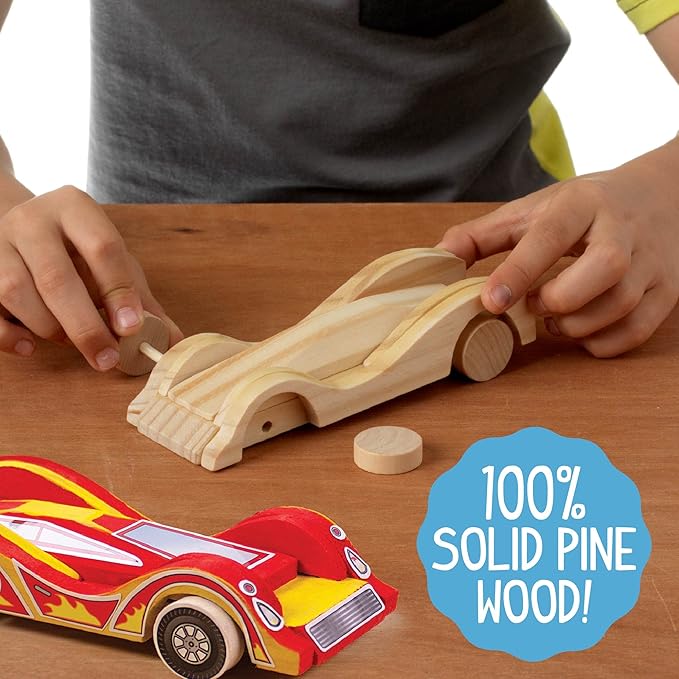 Made By Me Build & Paint Your Own Wooden Cars by Horizon Group USA, DIY Wood Craft Kit, Easy to Assemble & Paint 3 Race Cars, Multicolored
