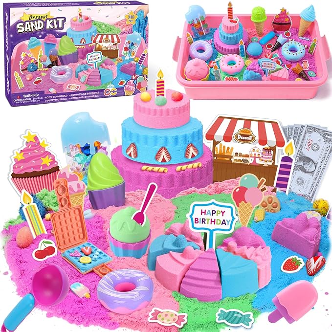 G.C Ice Cream Sensory Bin for Girl Kid Toy, 108pcs Play Sand Art Kit with Sandbox/2lb Color Sand/Cake Molds/Plastic Dessert, Sensory Toy Christmas Birthday Gift for Girl Toddler Ages 3 4 5 6 7 8
