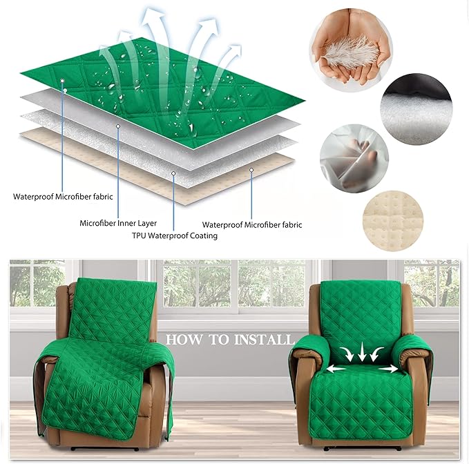 TOMORO Non-Slip Quilted Recliner Cover, 100% Waterproof Recliner Chair Slipcover Furniture Protector with Pockets, Washable Couch Cover with Elastic Straps for Kids and Pets，23 Inch