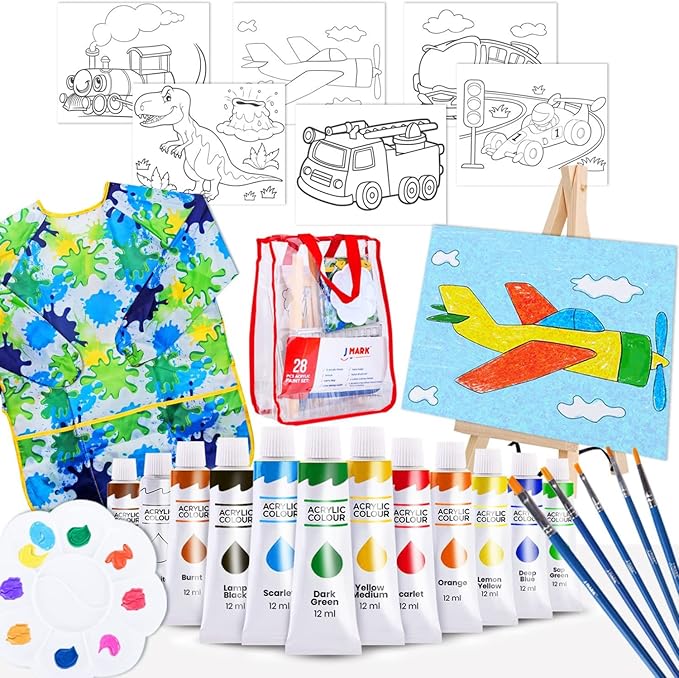 J MARK Kids Paint Set – Acrylic Kids Painting Kit – Storage Bag, Paints, Easel, Canvas, Brushes