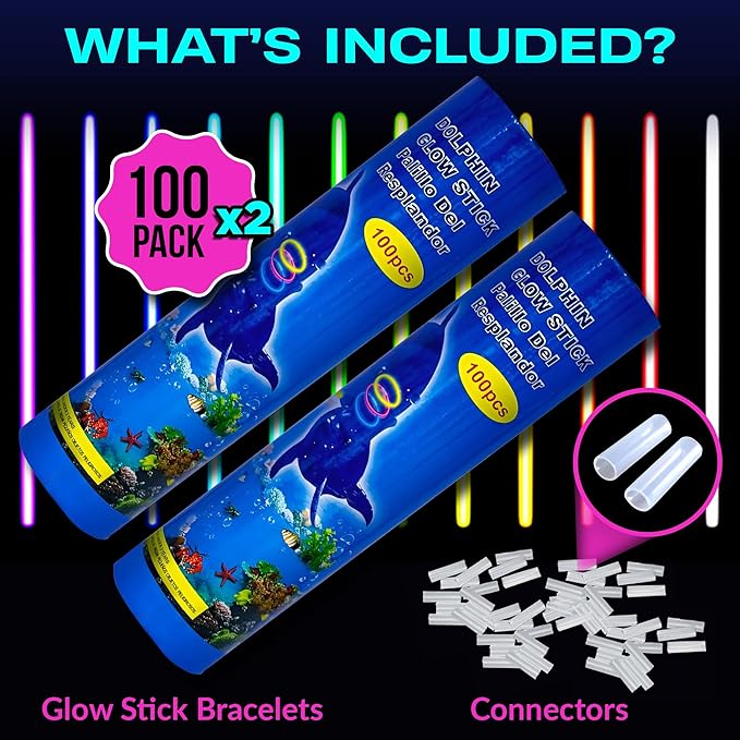 Glow Sticks 200 Bulk Pack - 100 Pcs Per Pack - 12 Hour Glow Stick - 8" Necklace Bracelet and Glasses Party Favors - Thanksgiving and Christmas Party - Outdoor Concerts - Festivals - Nighttime Sport