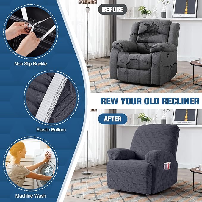 TAOCOCO Recliner Cover 3 Pieces Recliner Chair Covers, Stretch Jacquard Reclining Chair Cover, Furniture Protector Sofa Slipcovers Couch Covers with Elastic Bottom for Kids, Pets (Dark Grey)