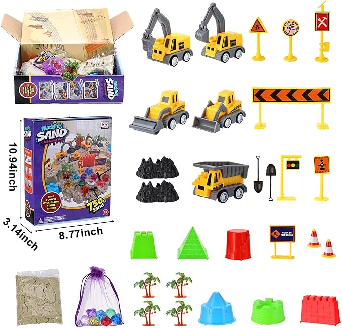 Eaistose Play Construction Sand Sets, Sensory Bin Toy with 1.65lbs Magic Sand, 5 Construction Vehicles,9 Road Signs and 8 Molds, 2 Tools,Sand Box Toys for 3 4 5 6 7 8 Years Old Boys Kids…
