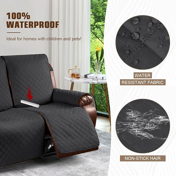 KinCam Waterproof Oversized Loveseat Recliner Cover, Non-Slip Reclining Couch Covers for 2 Seat, Recliner Sofa Cover Furniture Protector with Elastic Straps for Kids, Pets, Charcoal Gray