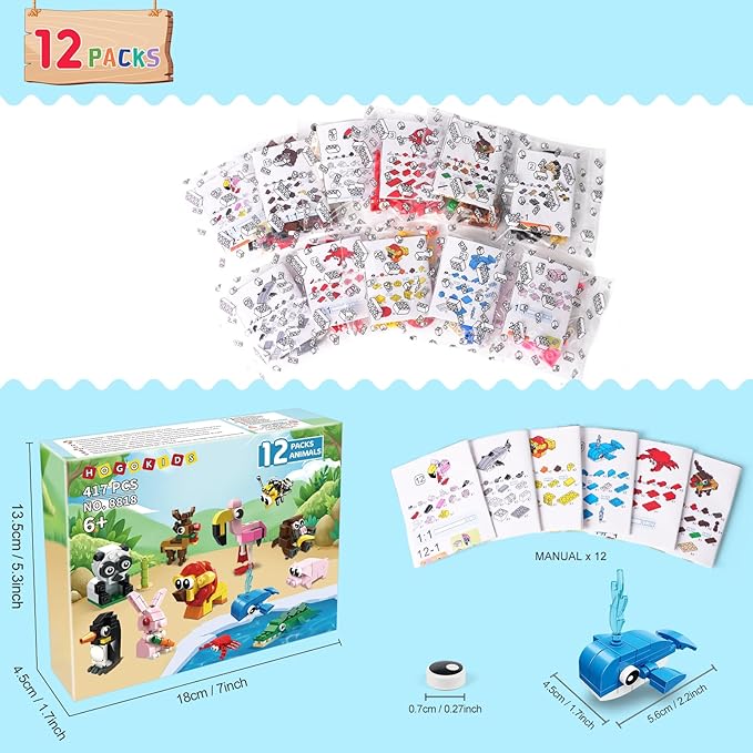 HOGOKIDS Party Favors for Kids - 12 Pack Animals Building Blocks Toy for Easter Gifts Goodie Bags Classroom Prizes Stocking Stuffers Building Set Valentines Day Birthday Gift for Boy Girl Ages 6-12+