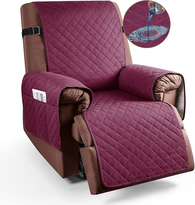 KinCam 100% Waterproof Recliner Chair Cover, Reclining Couch Covers for Pets, Dogs, Recliner Couch Slipcover Furniture Protector with Elastic Straps for Kids(30", Burgundy)