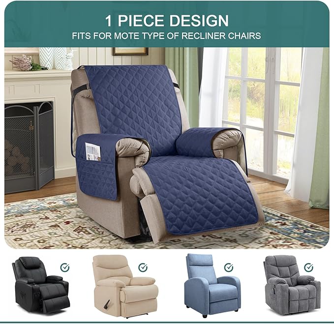 Ruaozz 100% Waterproof Recliner Chair Cover Non-Slip Reclining Cover for Recliner Chair Washable Chair Seat Cover with Elastic Straps for Kids, Dogs, Pets (Ocean Blue, 23'')