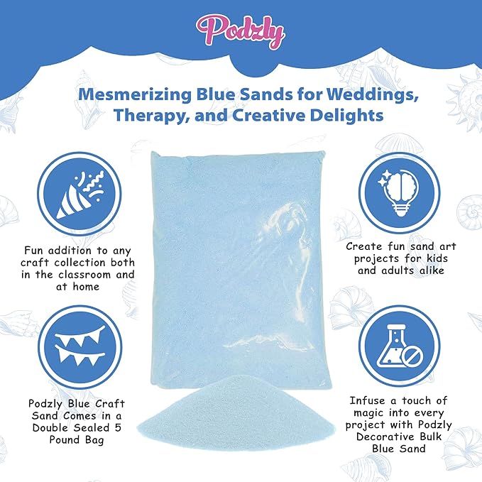 Podzly 5 Pound Decorative Bulk Craft Sand - Blue Sand. Ideal for Weddings, Classroom Activities, Creative Crafts, and Decorative Projects. Fine, Sand Bulk for Your Crafting Needs!
