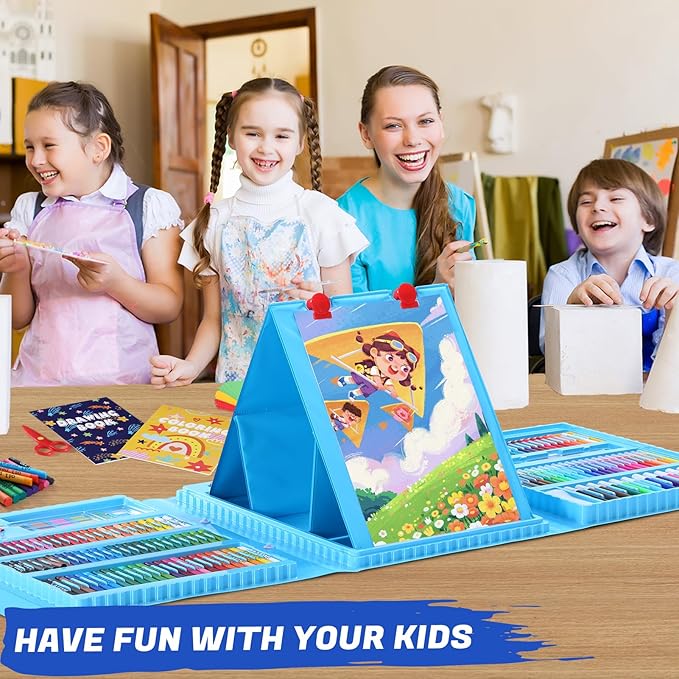 All in One Art Supplies, Art Kit Includes Easel, Origami Paper, Colored Pencils, Crayons, Drawing Book, Coloring Book, Watercolor Pens, Markers and Oil Pastels, Gifts for Girls Boys Teens, Blue