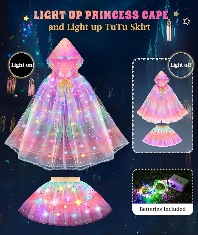 Princess Dress Up for Girls, Light up Princess Cape Princess Dress Costume Crown Wand Gifts for Toddler Girls 3 4 5 6