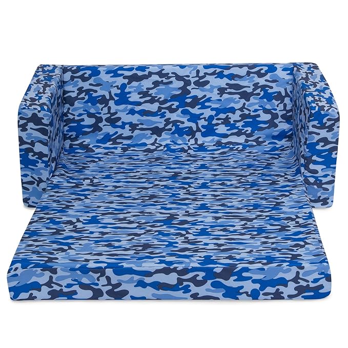 Delta Children Cozee 2-in-1 Extra Wide Convertible Sofa to Lounger-Comfy Flip Open Couch/Sleeper for Kids, Blue Camo