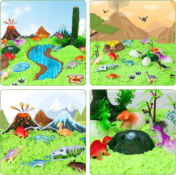 Dinosaur Sensory Bin Toys, 49 Pcs Dinosaur Sandbox Sand Kit with 2.2lb Magic Sand & Dinsoaur Figures,Sandbox with lid, Play Sand Kit, Kid Sensory Bins Birthday Gift for 3 4 5 6 7 8 Years Old