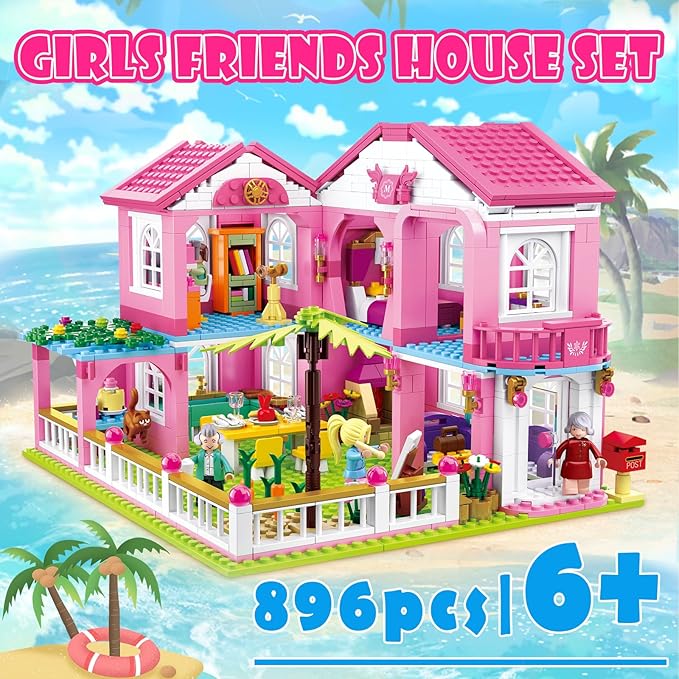 Sluban Friends Beach House Building Sets for Girls 6-12, Seaside Villa House Compatible with Lego Friends, Come with 7 Minifigures Dolls, Motorcycle and Kitchen Accessories, STEM Educational Toy
