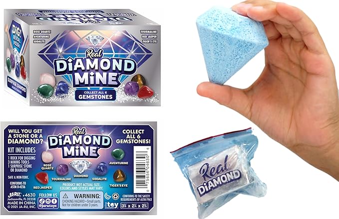 JA-RU Real Diamond Mine Gemstone Dig Kit (6 Packs) Mystery Rock, Minerals, and Gems for Kids | Break Your Own Geodes and a Chance to Get 1 Real Diamond | Party Favors for Kids Goodie Bags. 4630-6s