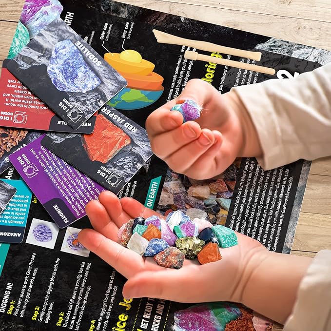 Byncceh Mineral Mining Kit Rock Mining Kit Gem Dig Kit - Dig up 12 Rock & Mineral Collection Gemstones & Crystals Dig Kit for Kids Gemology Mining Gift Rocks Minerals, Excavation Toys for Boys Girls