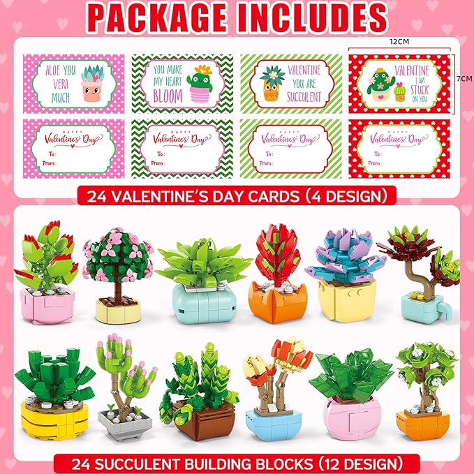 Valentines Day Gifts for Kids 6-12, 24 Pack Succulents Flower Bouquets Building Blocks with Gift Cards for School Classroom, Bulk Boy Girl Class Valentine Party Favors Exchange Gift Goodie Bag Stuffer
