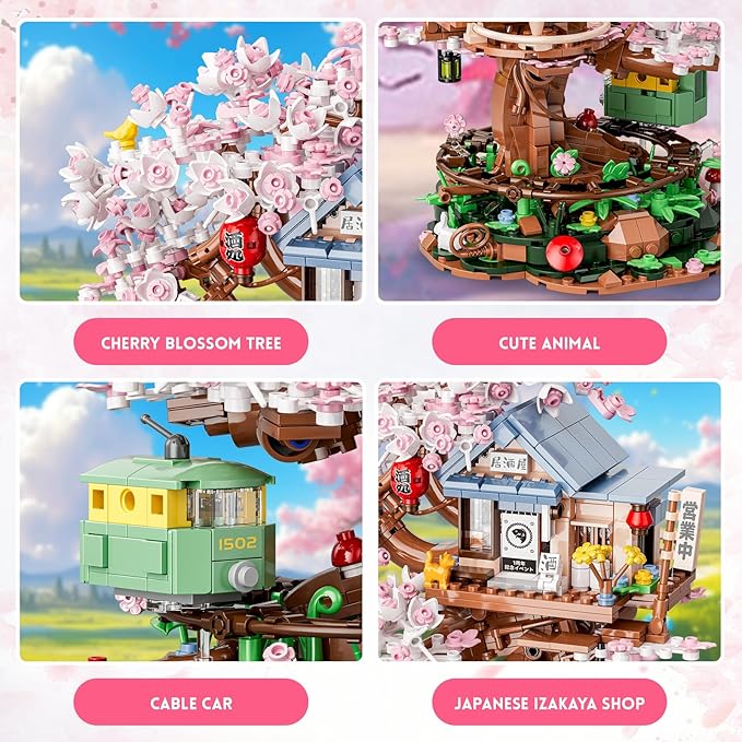 Cherry Blossom Treehouse Building Set for Girls 8-12, Compatible with Lego Friends, Flowers House Japanese Izakaya Shop Architecture Building Blocks Toy with Light for Adults, Gift for Kids (1098 PCS)