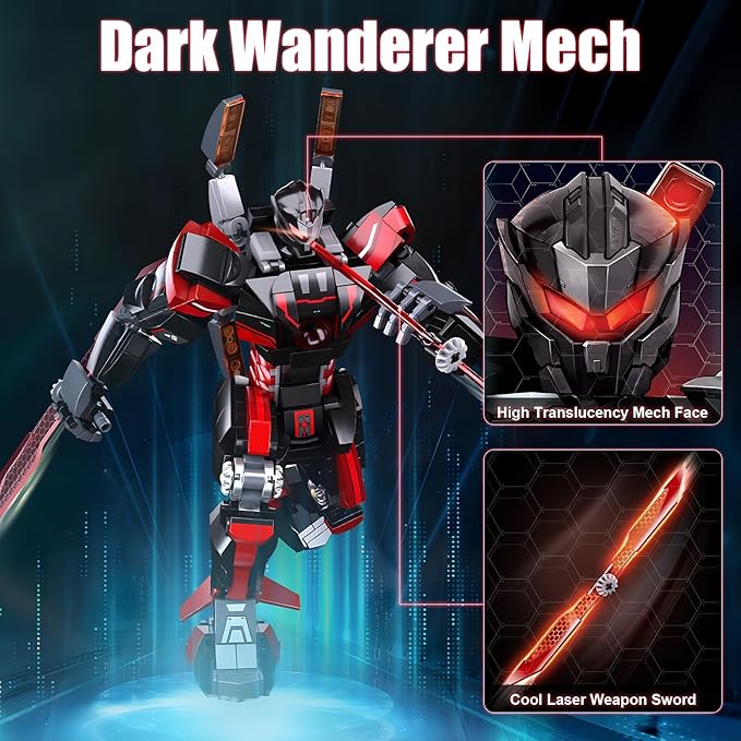 Wanderer Mech Building Blocks Set for Adults，Dark Robot Model Building Kit with 2 Multiple Weapons, 585 Pcs Creative Collectible Gift for Boys Kids 8-12