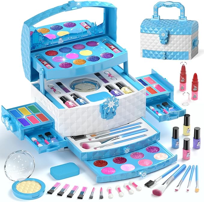 PERRYHOME Kids Makeup Set for Girl 56 Pcs Washable Real Cosmetic, Non-Toxic Frozen Toys Toddler Makeup Kit, Frozen Princess Dress up Kit Christmas & Birthday Girl Gift for 3-12 (Frozen Blue)