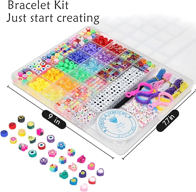 LIS HEGENSA Bracelet Making kit, Craft Bead Making Pony Beads, Polymer Clay Beads, Smiling face Beads, Letter Beads, Jewelry Making kit, DIY Handicraft Gifts for Girls Aged 6 to 12