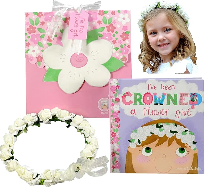 Tickle & Main Flower Girl Gift Set, Flower Girl Proposal, Book with Floral Crown Headband Headpiece in Adorable Gift Box