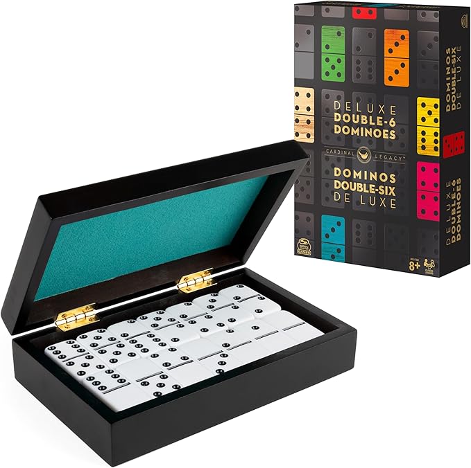 Spin Master Games, Cardinal Legacy Deluxe Double-6 Dominoes, Classic Board Game Set of 28 Dominoes in Lined Wooden Case, for Kids & Family, 1-4 Players, for Ages 8 & Up