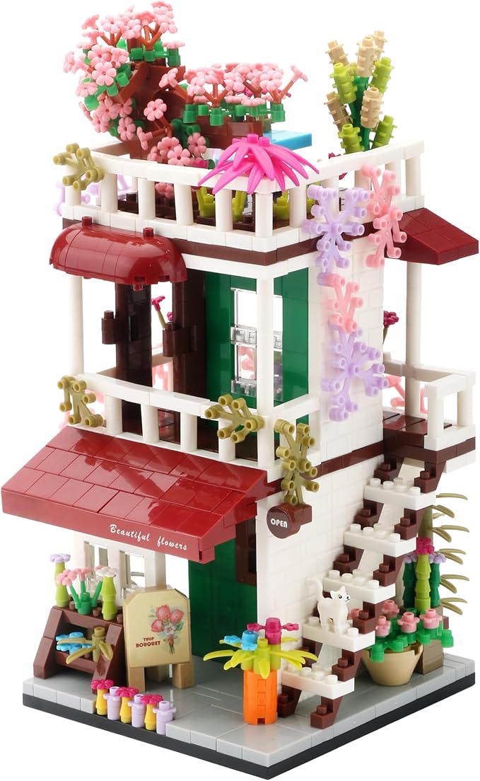 Street View Mini Building Blocks Flower House Shop Store Building Kit Simulation Construction Educational Creative Toy for Boys Girls Age 8+ 953 pcs