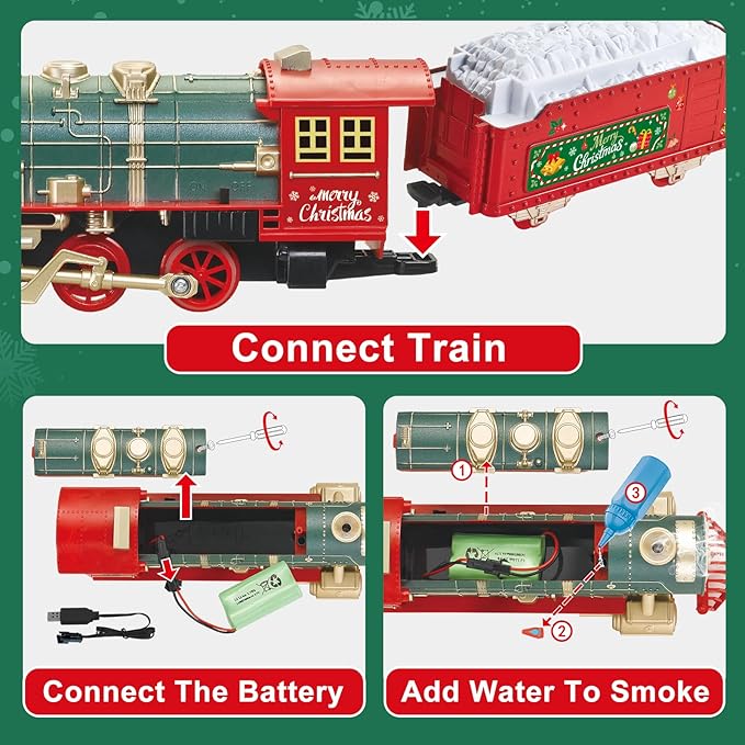 JUQU Train Set, Electric Train Set w/Smoke, Light and Xmas Sounds, Christmas Tree Train Toys w/Steam Locomotive Engine, Toddler Train Sets for Boys 4-8, for Kids Ages 3 4 5 6