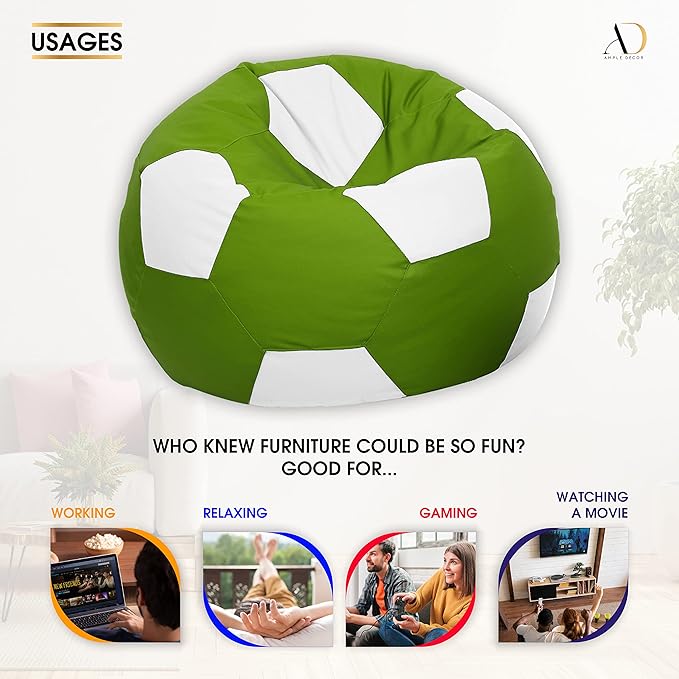 Ample Decor Soccer Bean Bag Cover (Filler Not Included), Leatherette Durable Double Stitched Material Sturdy Zippers, Ideal for Children and Teenagers - White and Green