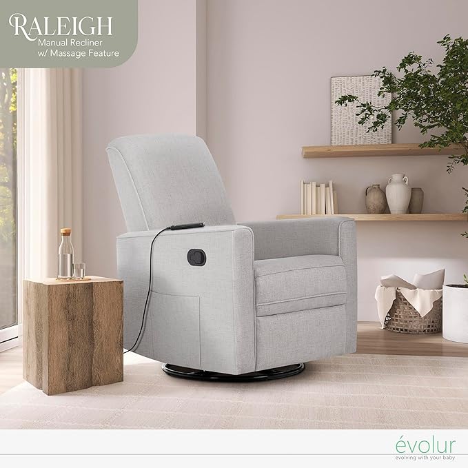 Evolur Raleigh Glider with Massager in Charcoal, Upholstered Plush Seating 360° Swivel Glider Rocking Chair, FSC Certified, Greenguard Gold & JPMA Certified Nursery Glider Recliner