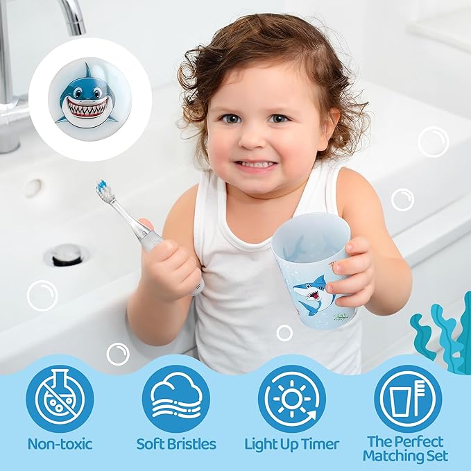 Lily's Home Kids Flashing Timer Toothbrush Kids with Soft Bristles, Rising Cup & Cover - Fun 2-Min Light-Up Brushing for Children - Toddler Toothbrush Soft Toothbrush Kit (Shark)