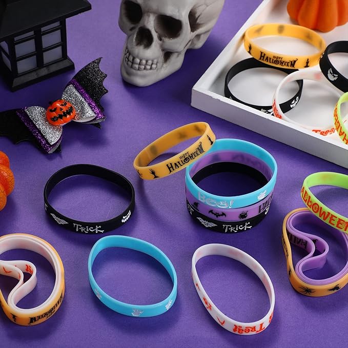 24 Pcs Halloween Luminous Silicone Wristbands, Glow in The Dark Classic Halloween Patterns Rubber Bracelets for Halloween Trick or Treat Theme Party Favors Goodie Bag Stuffers Supplies