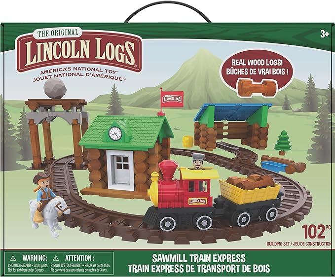 LINCOLN LOGS-Sawmill Express Train - 101 Parts - Real Wood Logs - Buildable Train Track-Ages 3+ - Best Retro Building Gift Set for Boys/Girls-Creative Construction Engineering-Preschool Education Toy