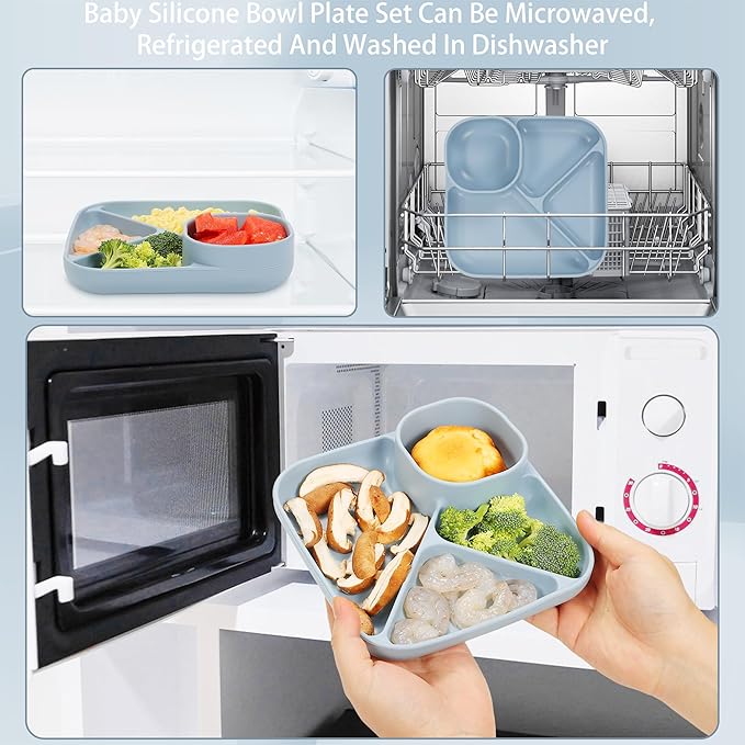 Silicone Baby Feeding Set, Baby Led Weaning Supplies, Silicone Suction Plate, Bowl, Spoons, Fork, Waterproof Bib, Cup and Food Tableware, Eating Utensils Baby Feeding Essentials for 3+ Months