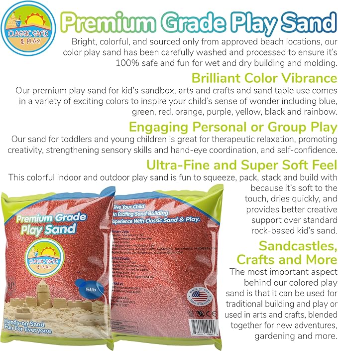 Classic Sand and Play Orange Colored Play Sand, 5 lb. Bag, Natural and Non-Toxic, Fun Wet and Dry Indoor and Outdoor, Sandbox, Therapy, and Table Use, Building, Stimulate Sensory Needs