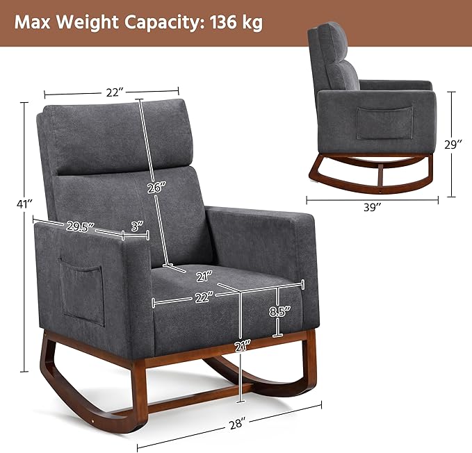 Yaheetech Rocking Chair, Upholstered Glider Chair with Side Pocket, Nursery Chair with High Backrest and Rubber Wood Legs, Rocking Accent Armchair for Living Room Bedroom Nursery, Gray
