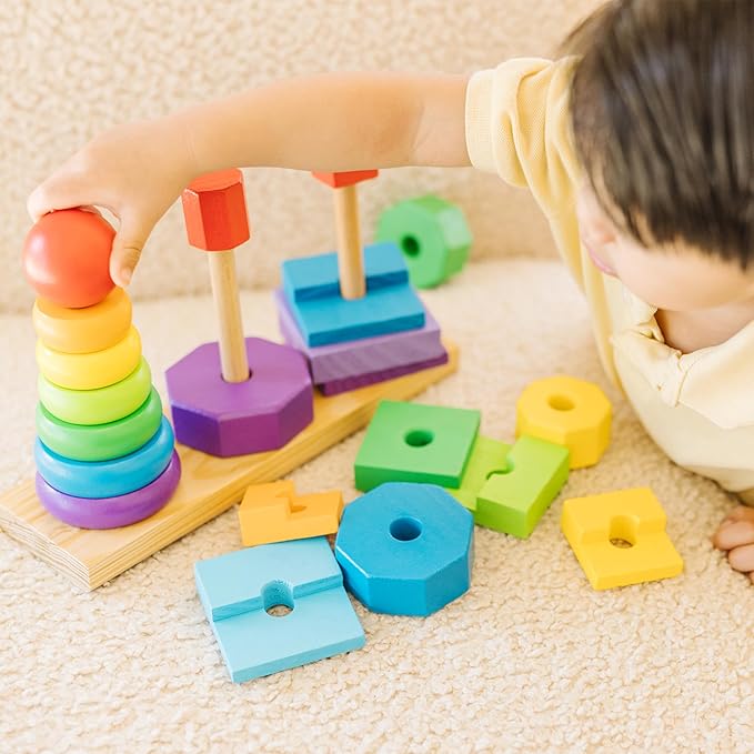 Melissa & Doug Geometric Stacker - Wooden Educational Toy Wooden Shape Sorter And Stacking Toy, Stacking Tower For Babies, Toys For Toddlers And Kids Ages 2+