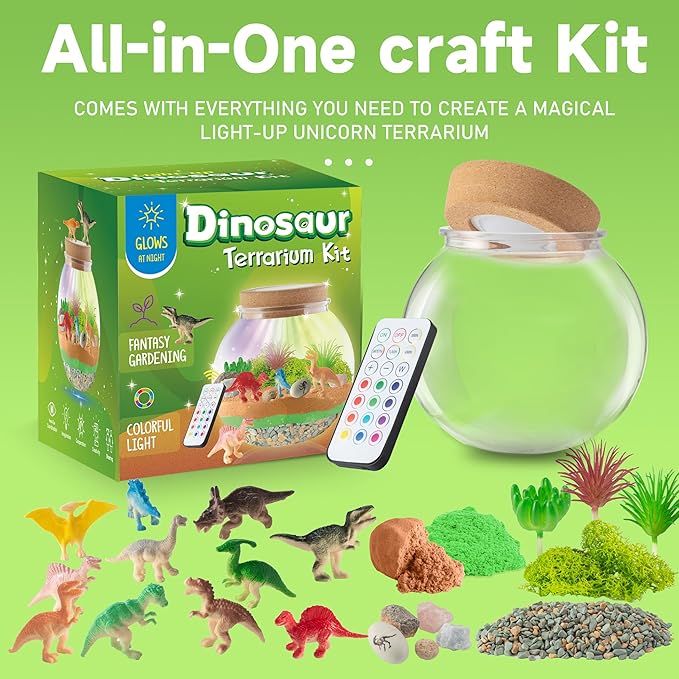Dinosaur Gifts for Boys - Dinosaur Light-Up Terrarium Kit for Kids - Birthday Gift for Boys Ages 4 5 6 7 8-12 Year Old - DIY Dinosaur Toys for Boys - Arts and Crafts Kit for Kids