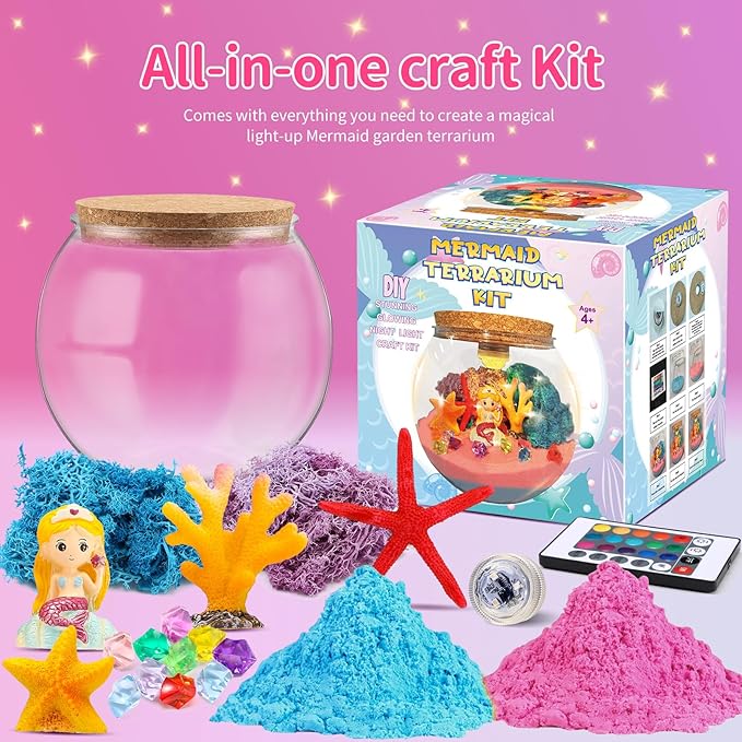 Mermaid Terrarium Kit for Kids, Light Up Terrarium Arts & Crafts Kit with Mermaids Toy for Girls, Fun DIY Mermaid Arts and Crafts Projects, Birthday Gifts for Girl Ages 3 4 5 6 7 8 9 10 11 12 Year Old