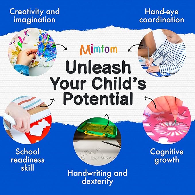 Mimtom Drawing Stencil Kit for Kids, 51 PC Art Set with 240+ Shapes, Sketch Pad, and Colored Pencils for Children's DIY Arts and Crafts, Draw with Animal, Letter and Car Stencils, Blue