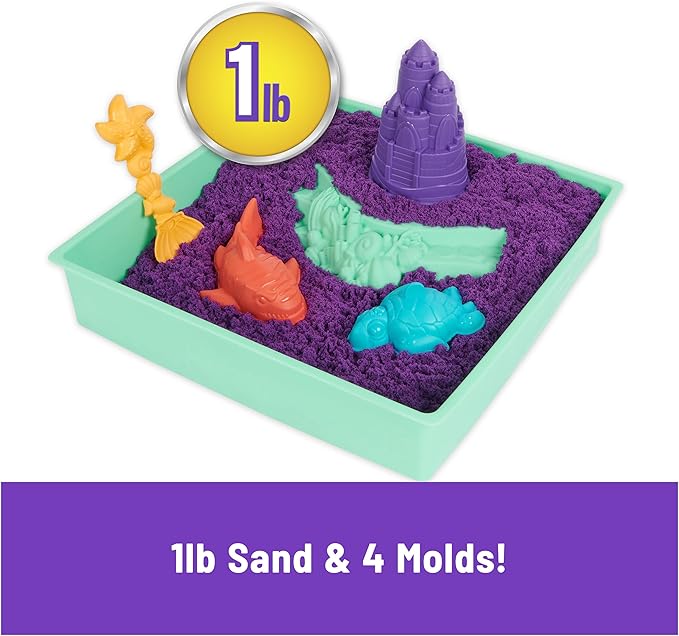 Kinetic Sand, Sandbox Set with 1lb Purple Play Sand, 4 Tools & Molds, Storage, Sensory Toys for Kids Ages 3 and up