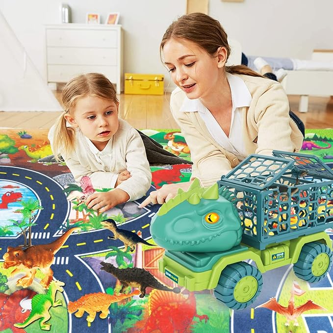HONGID Dinosaur Truck Toys for Kids 3-5,Tyrannosaurus Car Toy with 15 Dino Figures,Large Activity Play Mat, Dinosaur Eggs, Dinosaur Play Set for Boys and Girls,Christmas Xmax,Stocking Stuffers